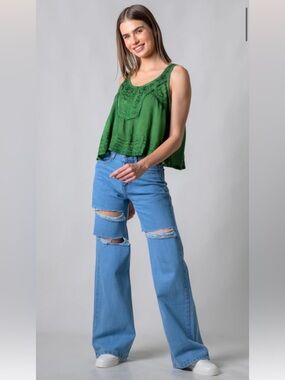 Boho Embroidered Scoop Neck Tank Top - Green